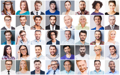Diverse people. Collage of diverse multi-ethnic and mixed age people expressing different emotions