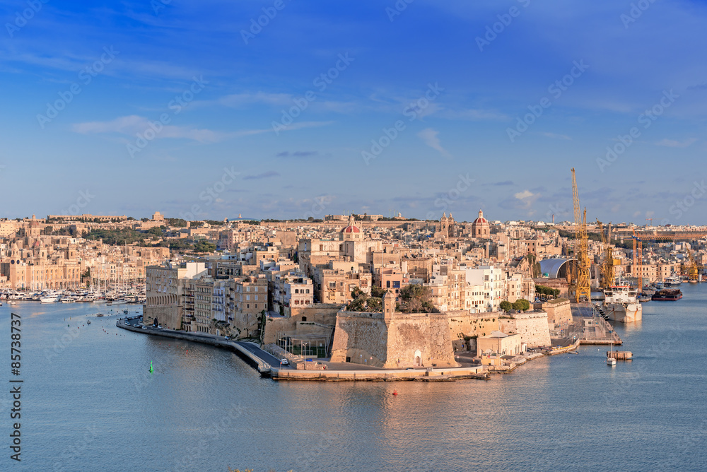 Panoramic view of fortress Grand Harbour in Valletta