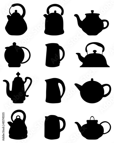 Black silhouettes of teapots, vector