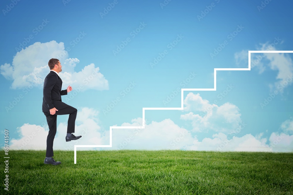 Composite image of businessman walking with his leg up Composite image of businessman walking with his leg up