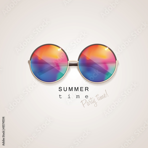 colorful sunglasses with abstract gradient mesh glass mirrors isolated on light background with summer time, party time lettering typography photo