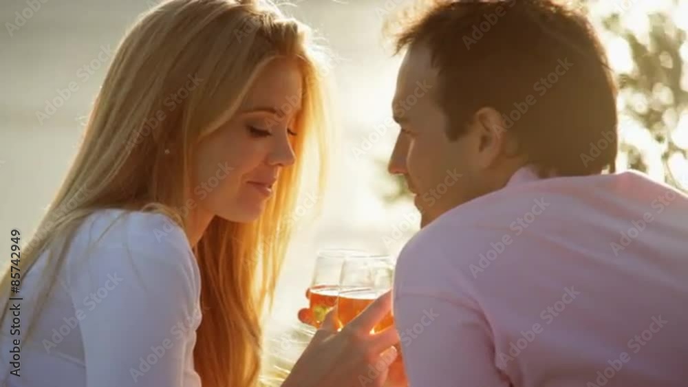 Pan shot of couple sitting in park overlooking lake drinking wine Pan shot of couple sitting in park overlooking lake drinking wine