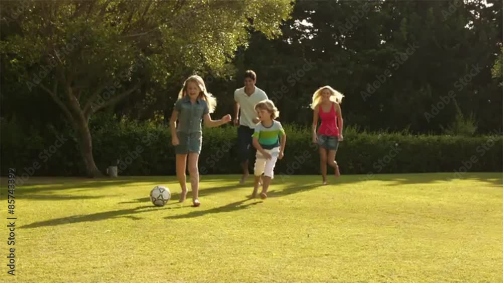 Slow motion shot of family playing soccer. Slow motion shot of family playing soccer.