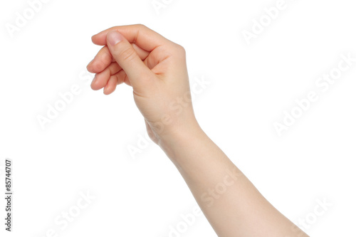 Woman hand like hold charge card on white backround