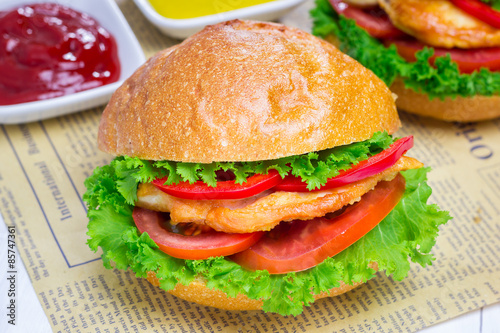 Sandwiches with roast chicken fillet, tomato and paprika