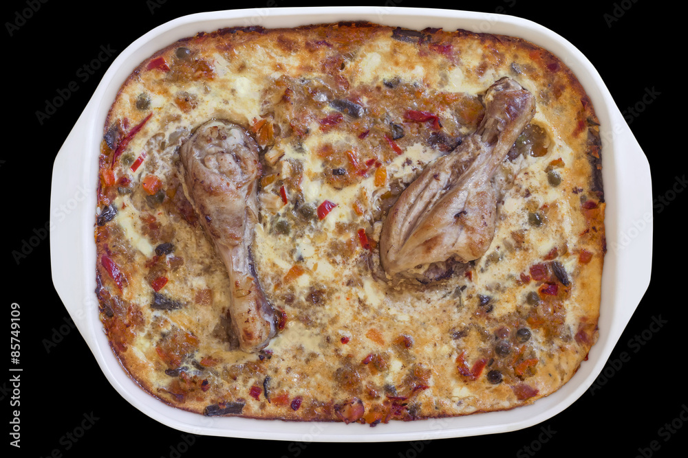 Pan of baked Chicken Meat and Vegetable Stew with Bechamel Sauce, Isolated on Black Background. Pan of baked Chicken Meat and Vegetable Stew with Bechamel Sauce, Isolated on Black Background.