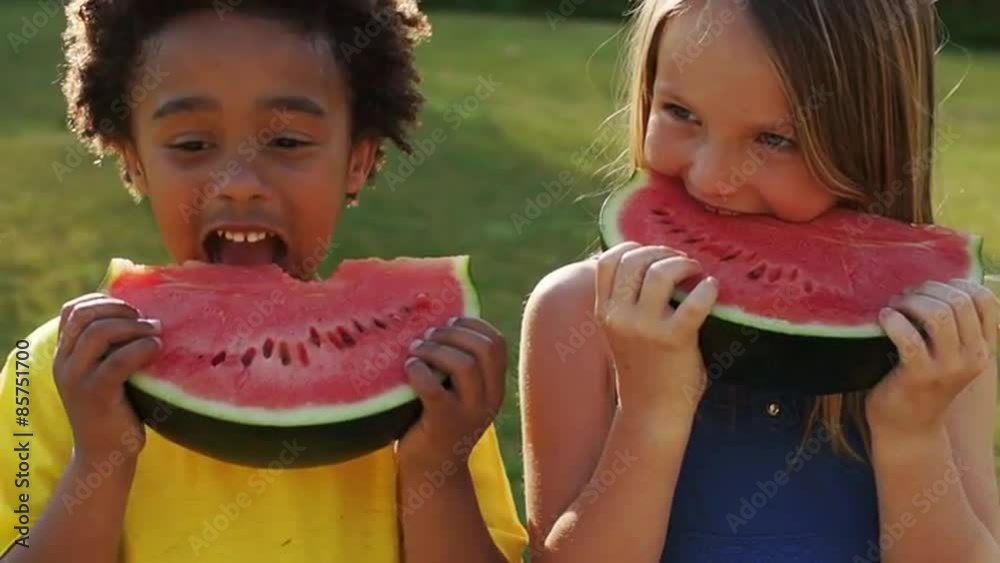 Slow motion of two children eating water melon in park