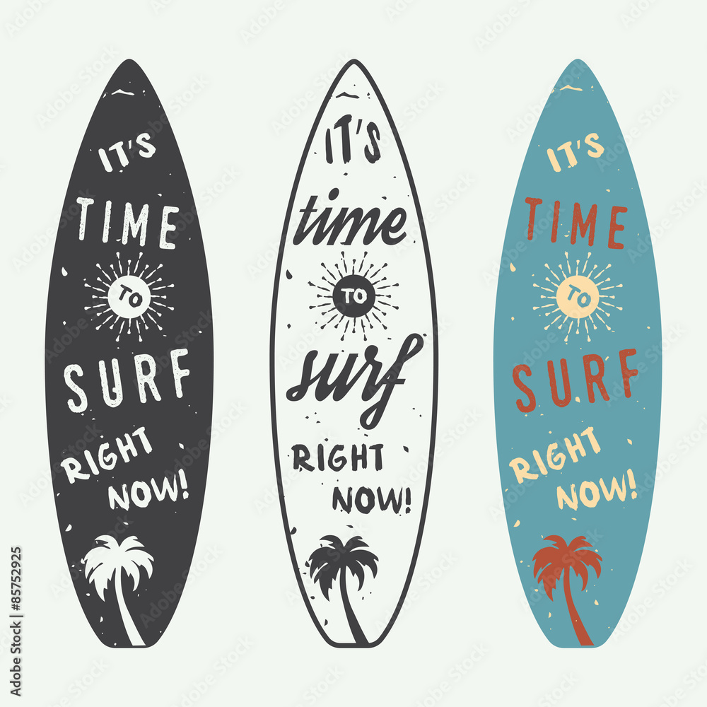 Set of surfing logos, labels, badges and elements in vintage style. Vector illustration