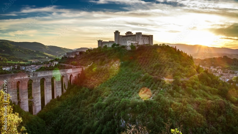 Sunset over beautiful castle in Preci, Italy, Umbria Sunset over beautiful castle in Preci, Italy, Umbria