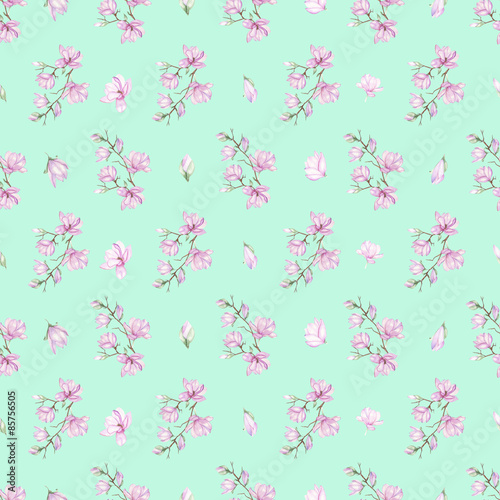 Seamless floral pattern with fine magnolias painted with watercolors on mint background