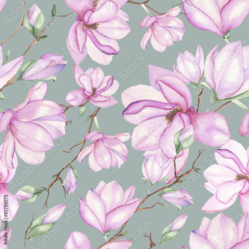 Seamless floral pattern with magnolias painted with watercolors on grey background