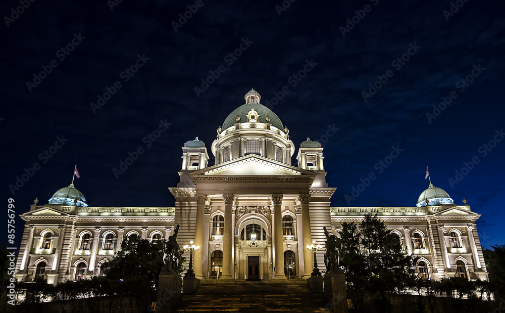National Assembly of Serbia in Belgrade at night