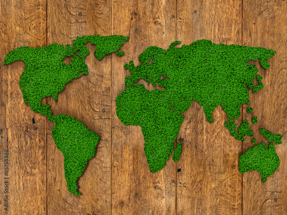 World map background with grass field and wood texture