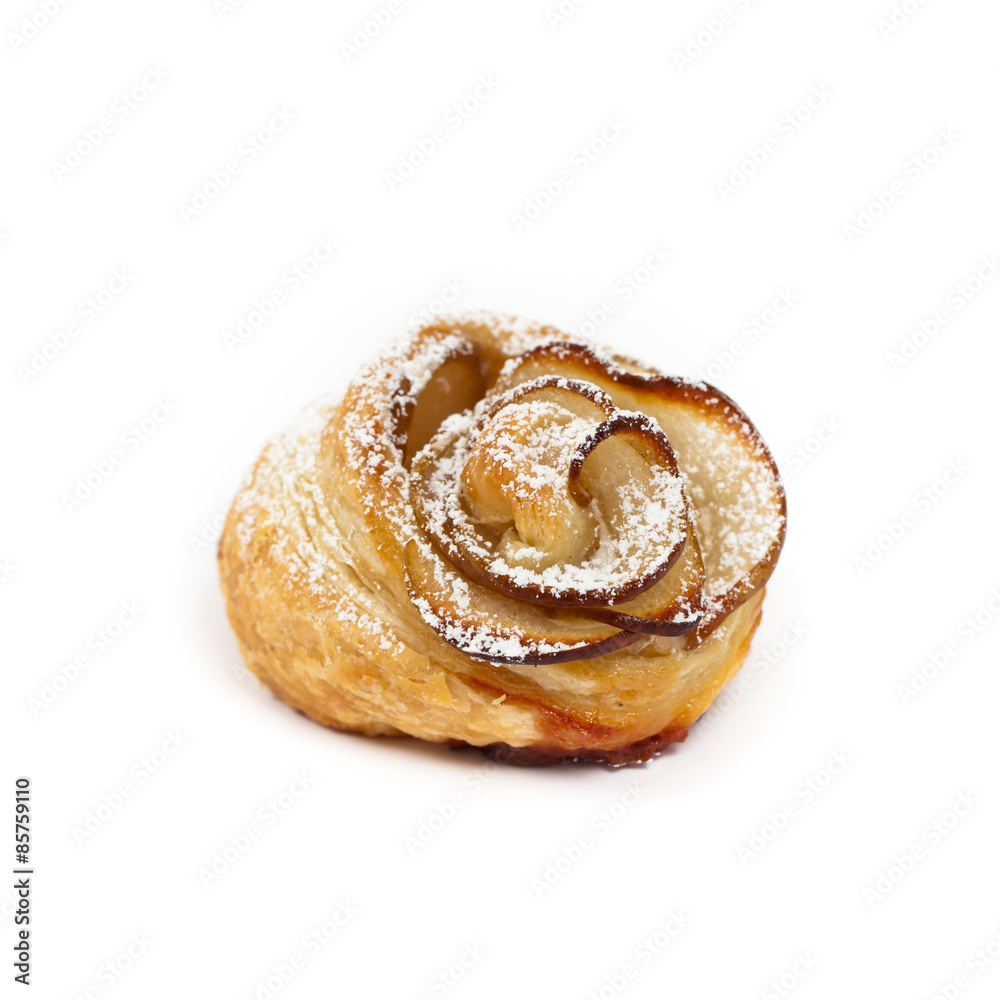 Pastry with apple shaped roses on white background. Macro. Selective focus. Pastry with apple shaped roses on white background. Macro. Selective focus.