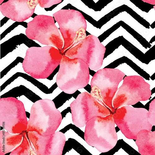 tropical hibiscus watercolor pattern, black and white background