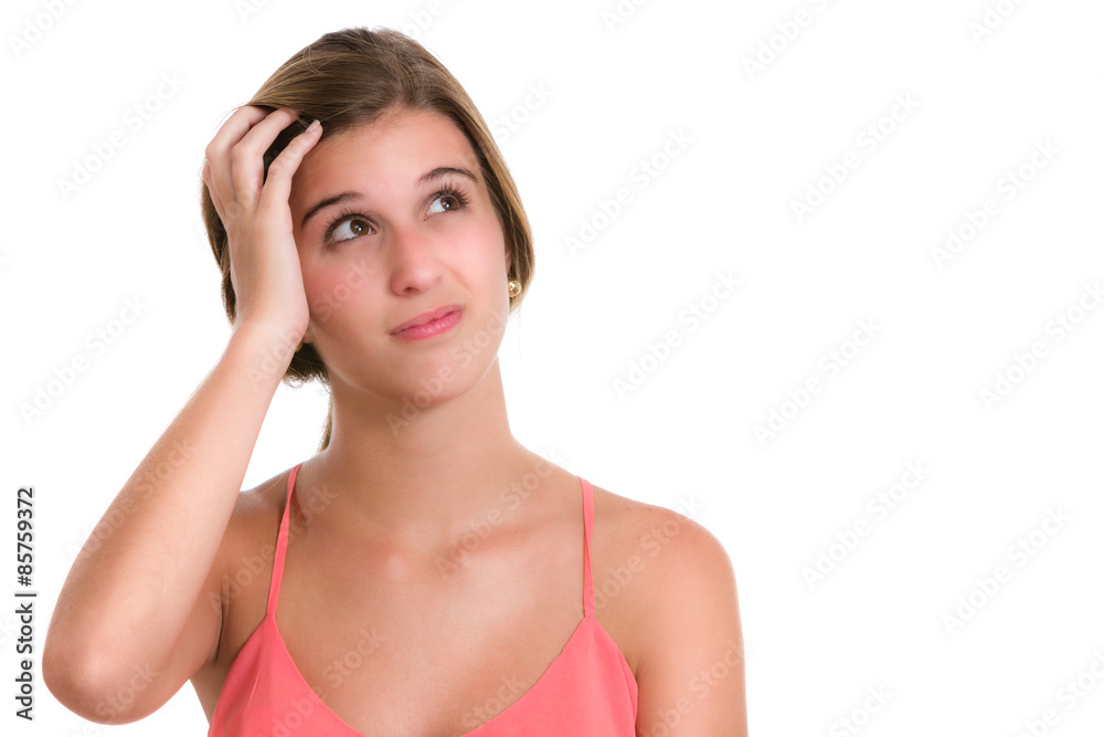 Confused or concern Hispanic Young woman with hands on head sho Confused or concern Hispanic Young woman with hands on head sho