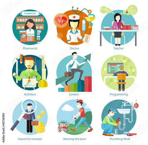 Set of Circle Icons with Different Professions