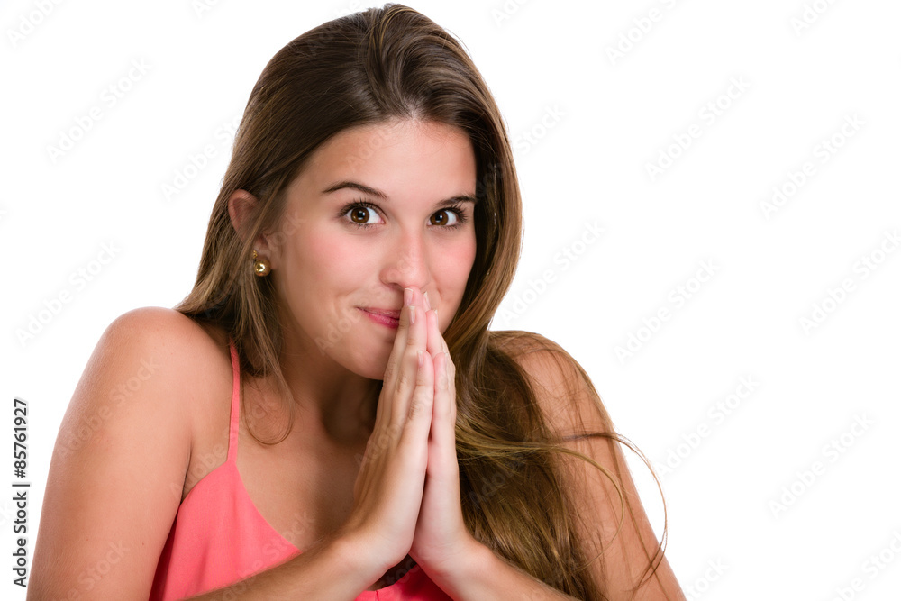 Hispanic cute young woman with surprise expression. Image isolated on white background. Hispanic cute young woman with surprise expression. Image isolated on white background.