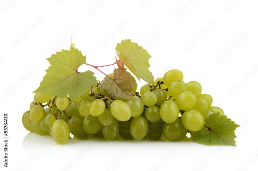 Bunch of white grapes isolated on white with leaf Bunch of white grapes isolated on white with leaf
