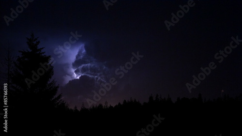 stormy sky with flashes of lightning in the forest  photo