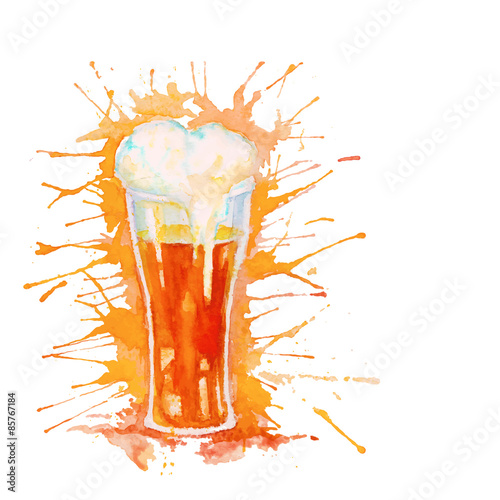 Watercolor glass of beer isolated on white