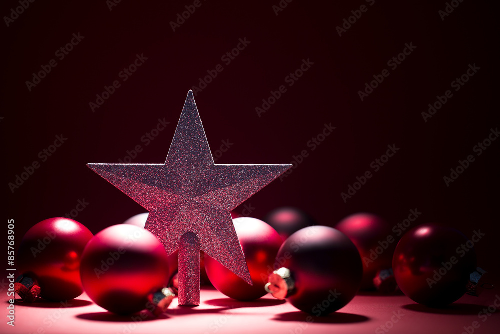 Christmas star with a group of different Christmas ball - obrazy, fototapety, plakaty 