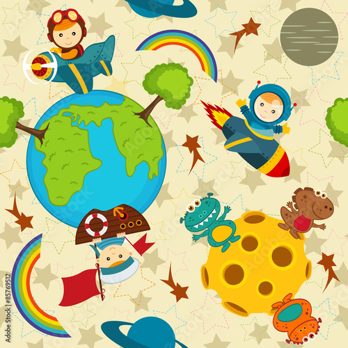 seamless pattern baby boy in space - vector illustration, eps