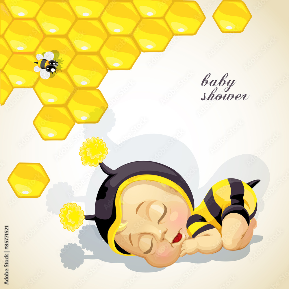 Baby shower card with newborn child dressed as bee Stock Vector | Adobe ...