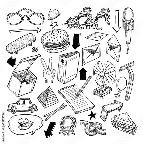 objects icon doodle set, hand drawn illustration.   
