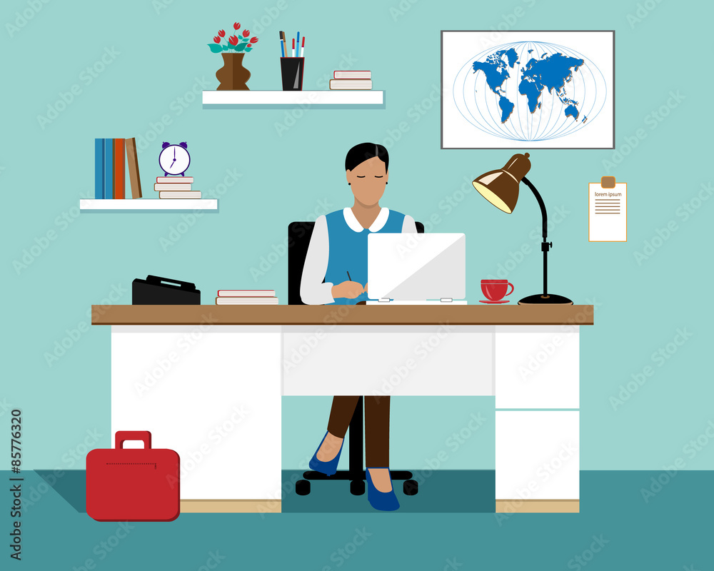 Vector flat business woman with laptop working in her office
