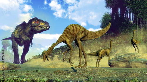 Fototapeta Naklejka Na Ścianę i Meble -  Tyrannosaurus rex surprising gallimimus dinosaurs - 3D render