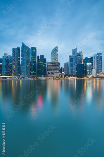 Singapores business district at twilight with water reflection photo