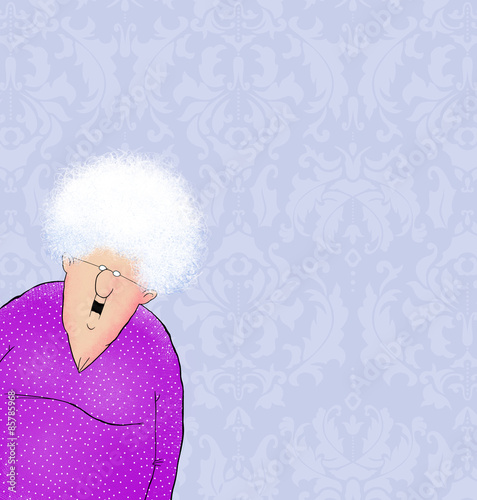 Happy Old Lady with Damask Wallpaper and Room For Text photo