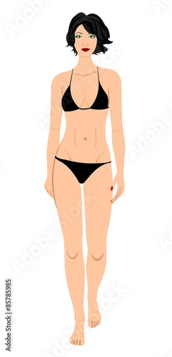 The brunette in a black bathing suit isolated on a white backgro