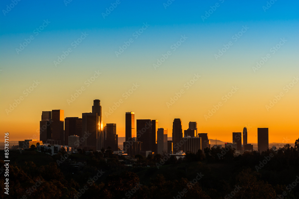 View of downtown Los Angeles at golden hour 