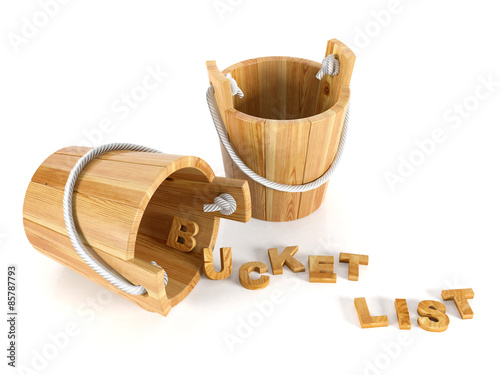 Wood buckets with letters on white background, bucket list concept photo