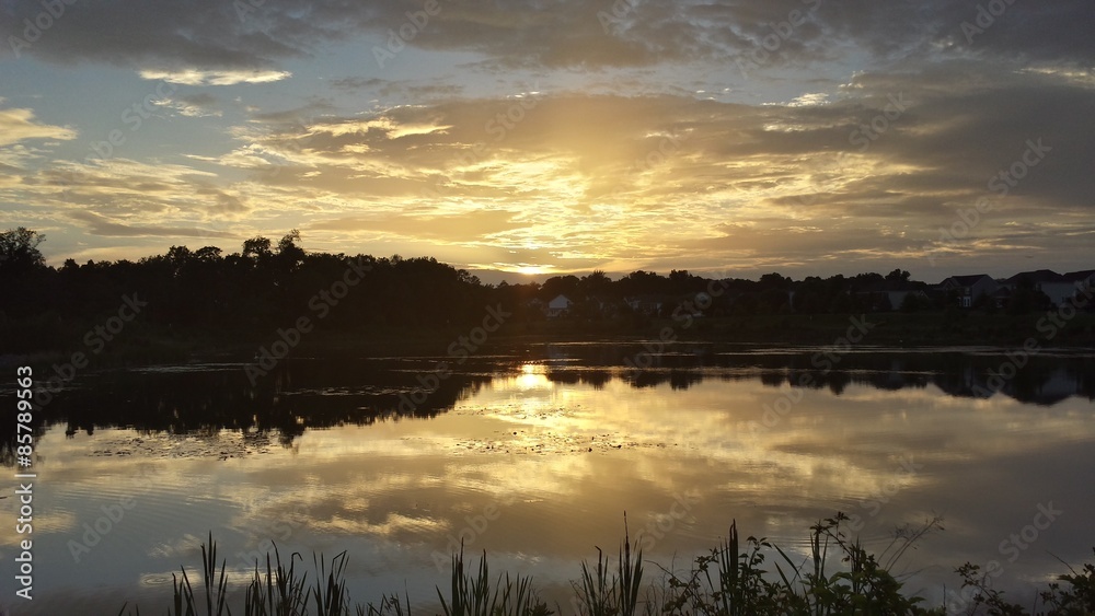pond with setting sun and clouds reflected on water and grass on bank