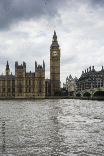 Big Ben  Houses of Parliament and the River Thames on a grey cloudy day London England