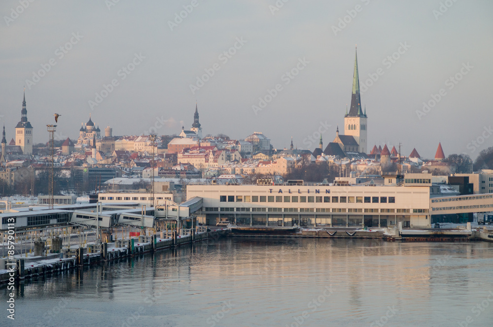 Fototapeta premium Tallinn sea port an old town background, morning view