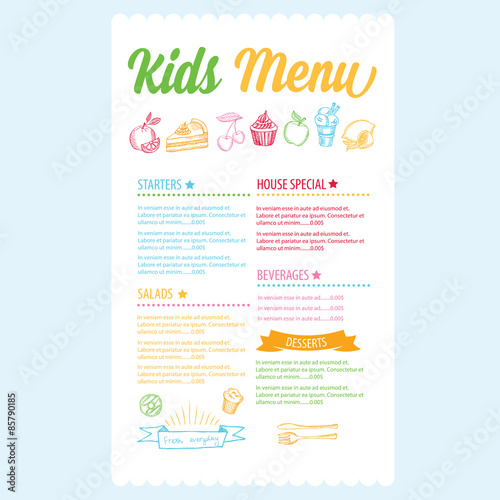 Kids menu. Vector template.