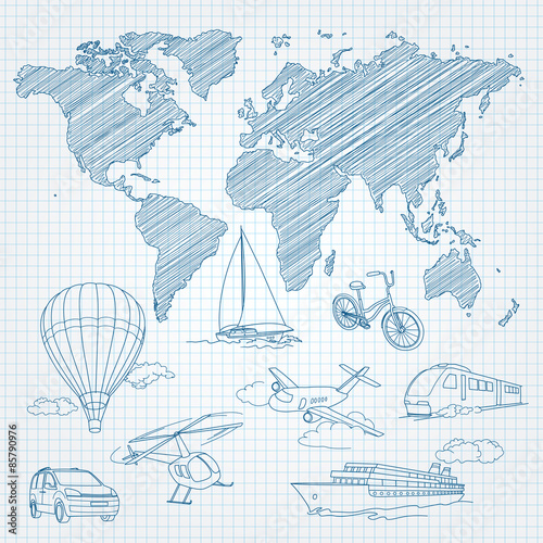 Travel Transport and world map line sketch on page notepad vector