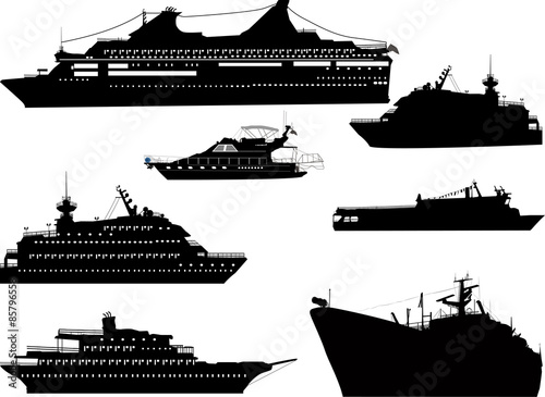seven ship silhouettes isolated onwhite