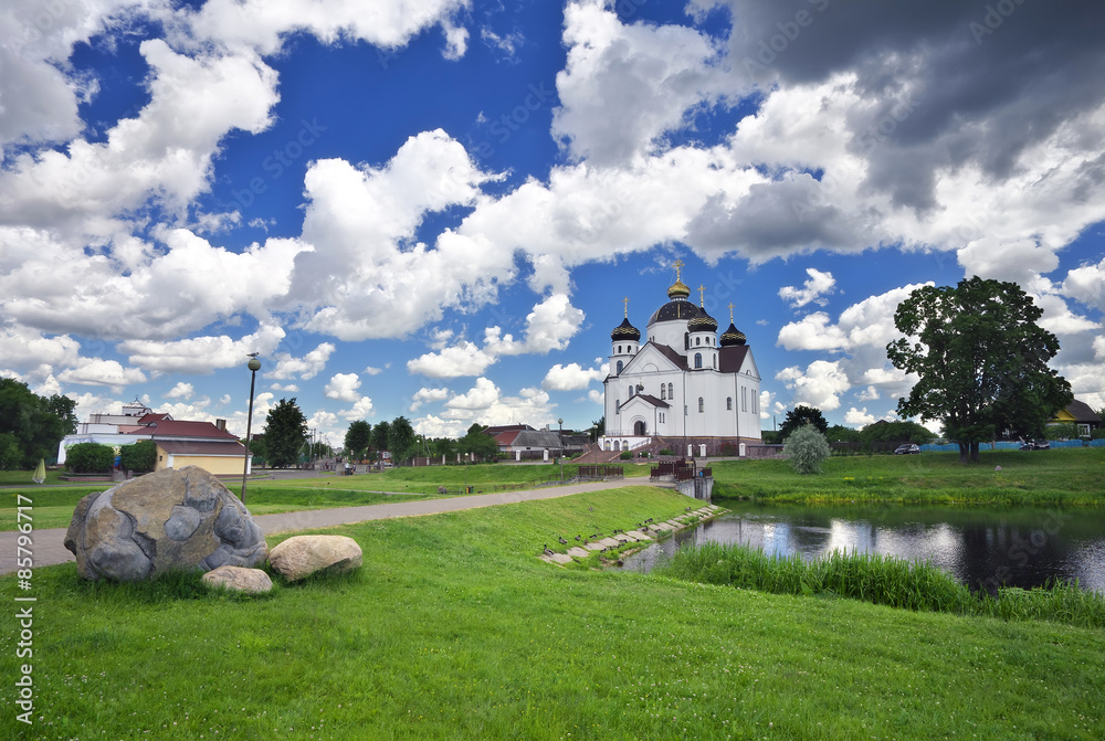 Orthodox Transfiguration Cathedral on the shore of Oksna river i