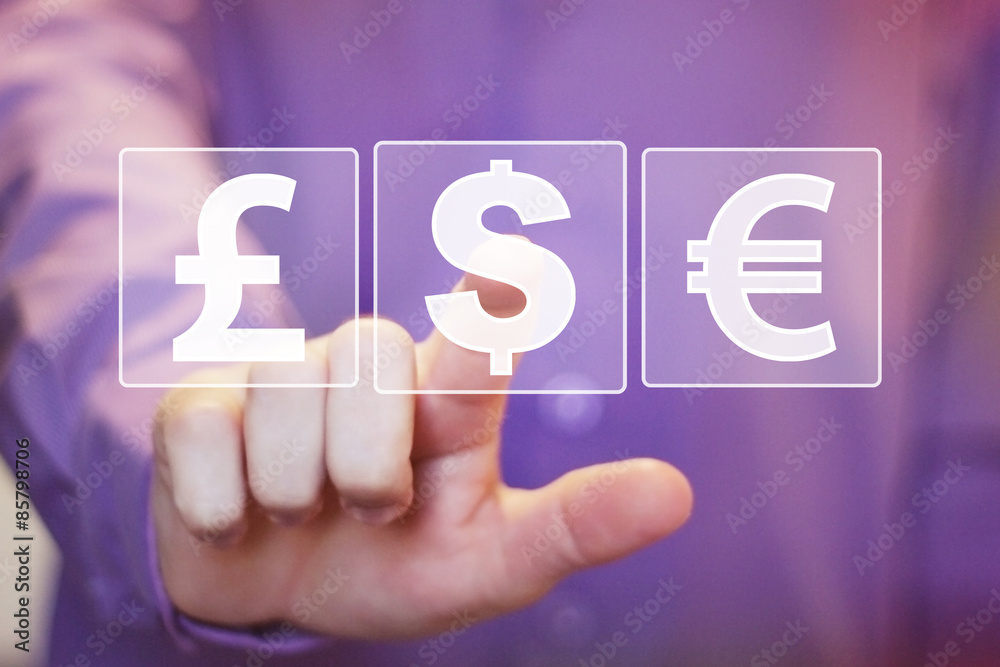 Businessman pushing button web with dollar currency icon Businessman pushing button web with dollar currency icon