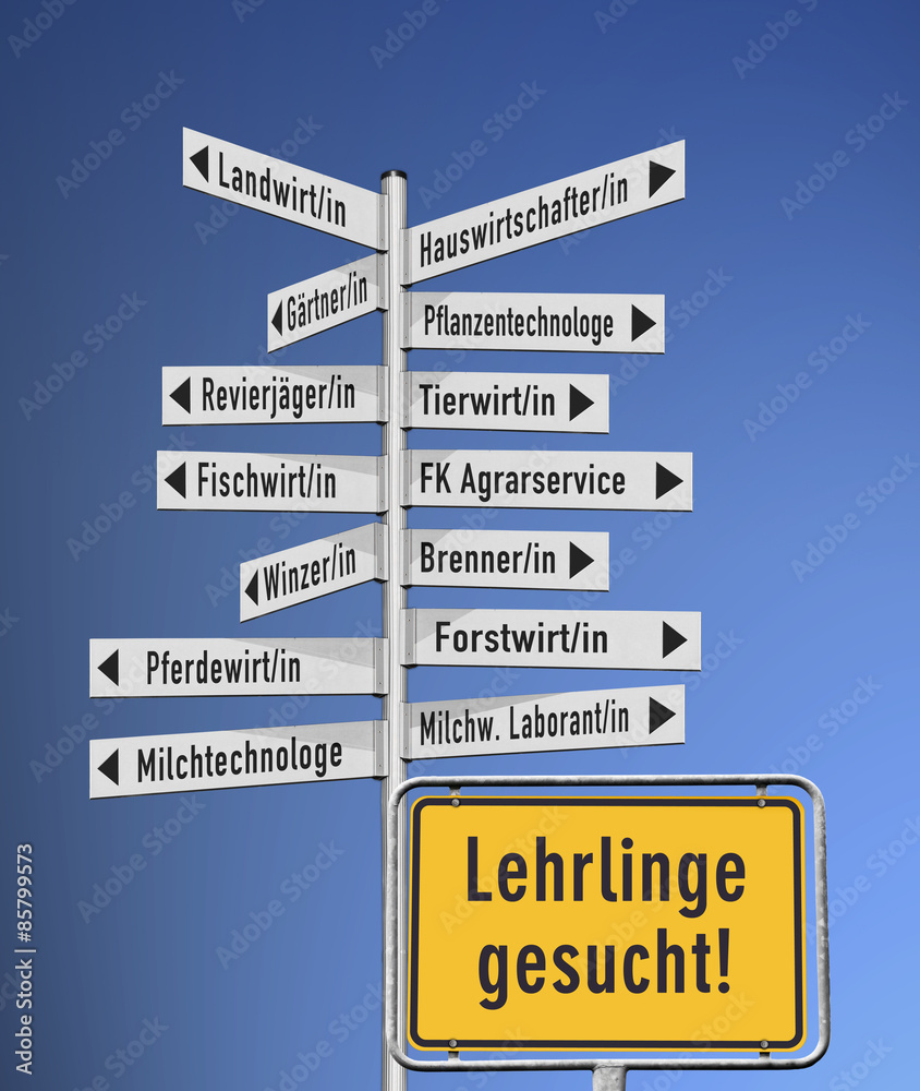 Fototapeta premium Wegweiser Berufsauswahl im Agrarbereich Lehrlinge gesucht!