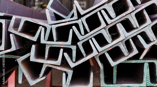 Close up heap of U shape beam steel