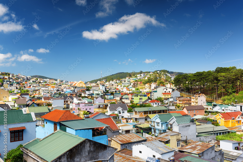 Fototapeta premium Beautiful colorful houses of Da Lat city (Dalat) on blue sky