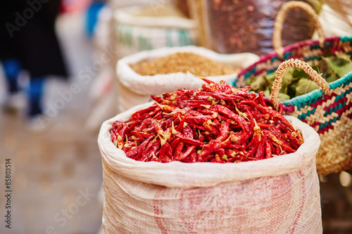 Selection of chili peppers on a traditional Moroccan market