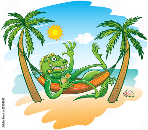 Cool iguana enjoying holidays in a hammock on the beach