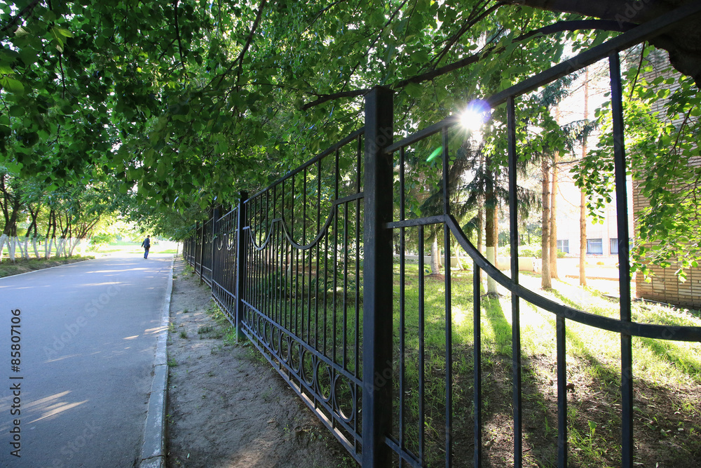 wrought-iron fence in a park wrought-iron fence in a park